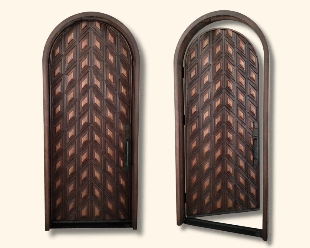 A custom arched single front door by Crown Custom Doors presented in a side-by-side product view, showcasing the door fully closed inside its rounded wood frame on the left and swung open on the right, highlighting the intricate multi-tonal diamond chevron parquet design and modern pull handle.