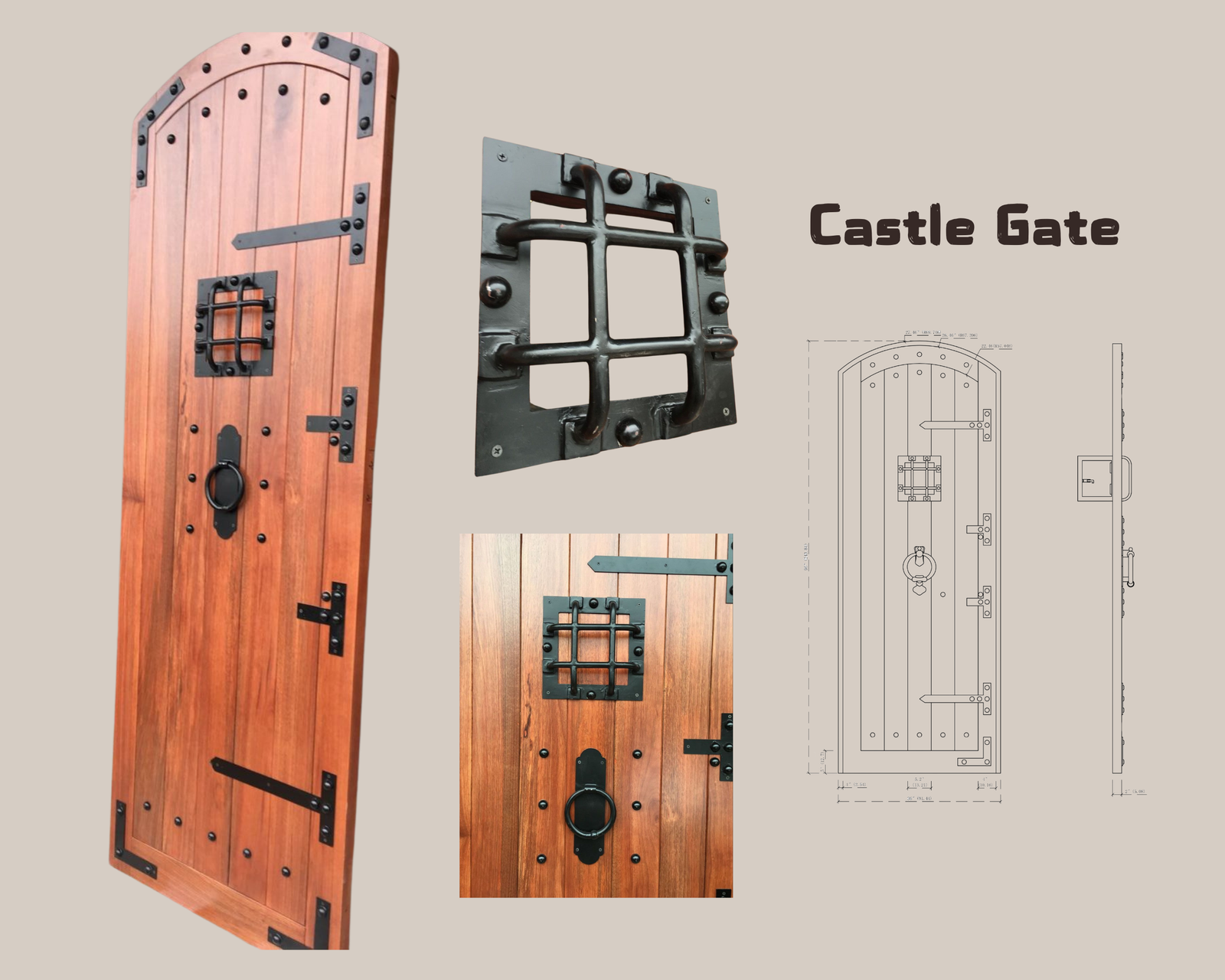 A custom solid wood arched castle gate door project presentation graphic by Crown Custom Doors, showing the full exterior plank entry door assembly, an isolated view of a heavy black wrought iron speakeasy window grate, a close-up hardware details panel, and a technical blueprint architectural layout schematic.