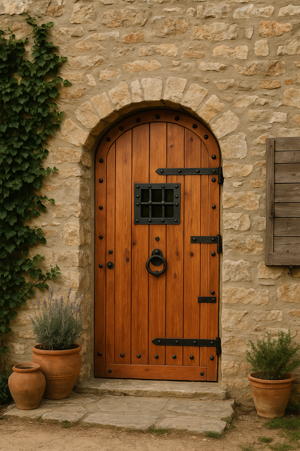 A custom rustic arched exterior front door handcrafted from solid wood by Crown Custom Doors, featuring a natural grain finish, wrought iron clavos studs, heavy-duty black strap hinges, an iron ring door knocker, and a grated speakeasy window set into a stone wall entryway.