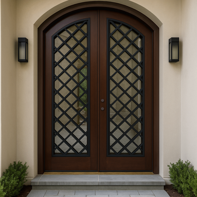 A premium custom arched solid wood double entry door system by Crown Custom Doors, featuring a rich espresso brown finish, clear glass viewing panels protected by bold black geometric lattice iron grilles in a diamond pattern, installed within a modern smooth stucco archway flanked by black wall sconces.