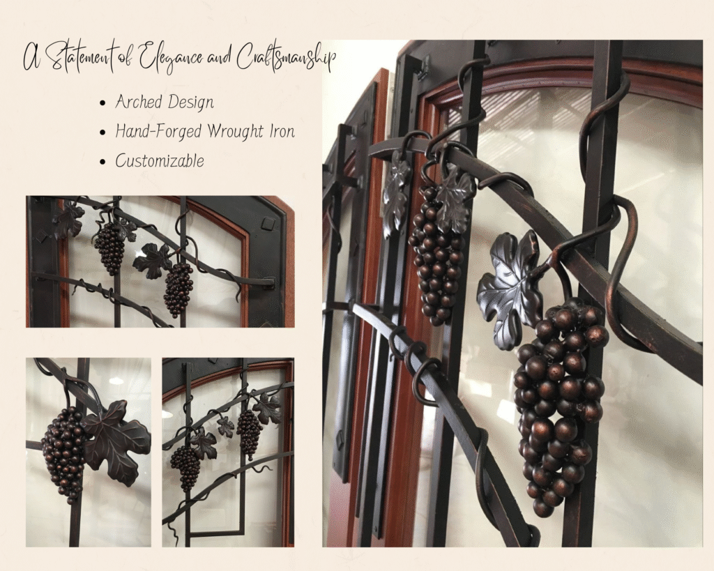 A product design collage from Crown Custom Doors showcasing close-up views of hand-forged wrought iron grapevine grilles with sculpted grape clusters and leaves on an arched wood entry door.