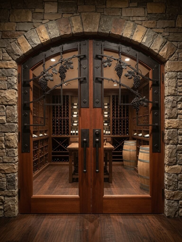 Custom arched solid wood double doors by Crown Custom Doors, featuring hand-forged black wrought iron grapevine grilles, installed in a luxury stone wine cellar with custom racking and barrels visible inside.
