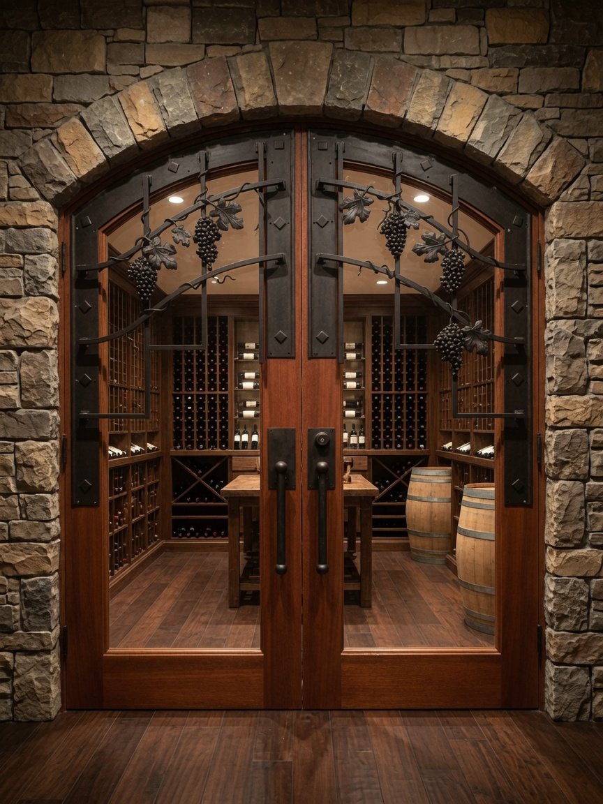 Custom arched solid wood double doors by Crown Custom Doors, featuring hand-forged black wrought iron grapevine grilles, installed in a luxury stone wine cellar with custom racking and barrels visible inside.
