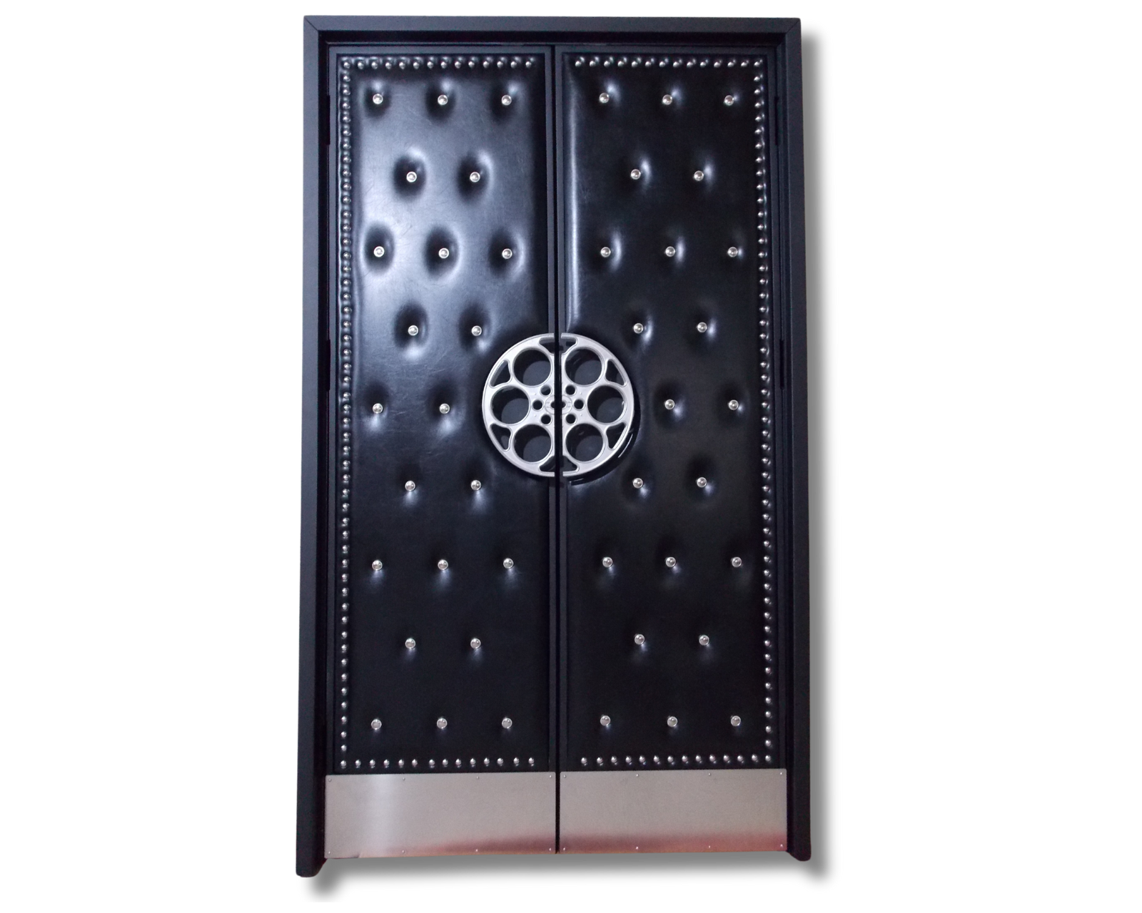 A premium standalone home cinema double door system by Crown Custom Doors, featuring sleek black upholstered acoustic vinyl with diamond-tufted silver crystal studs, chrome nailhead trim, a custom silver film reel pull handle, and matching stainless steel kickplates.