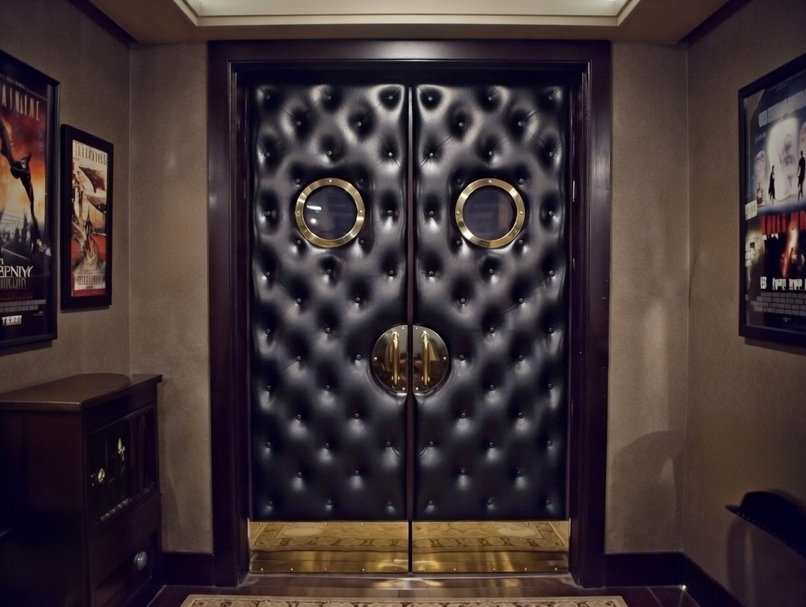 A fully installed custom home theater double door entryway by Crown Custom Doors, featuring black diamond-tufted upholstered panels with tacked buttons, circular brass porthole windows, a gold half-moon pull handle assembly, and mirror-finish gold kickplates set in a private cinema corridor.