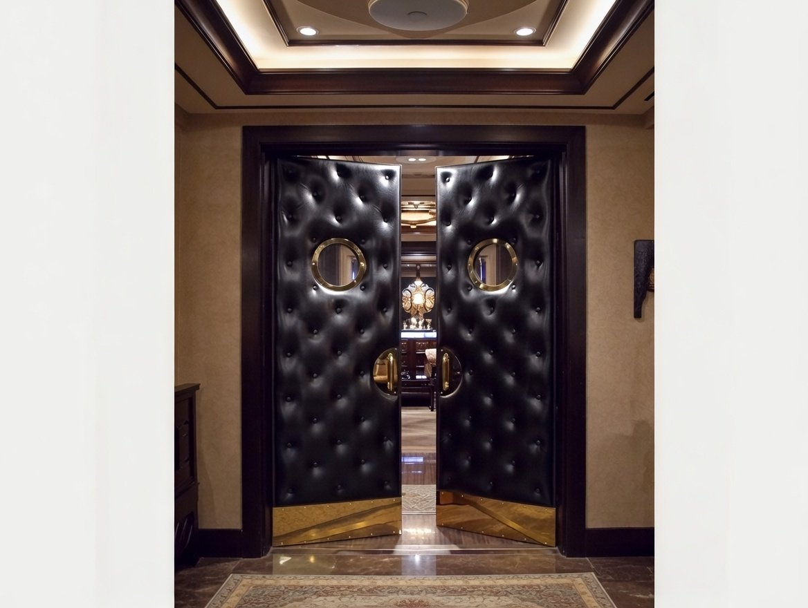 A premium custom acoustic double door system by Crown Custom Doors installed at a luxury home study entrance, featuring black diamond-tufted upholstered panels, circular brass porthole windows, half-moon gold pull handles, and polished gold kickplates opening into an elegant private library.