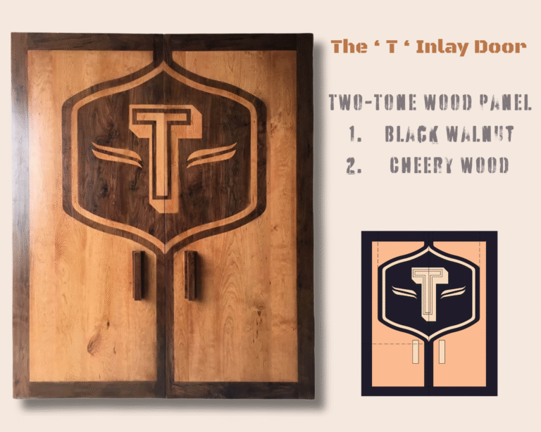 Custom two-tone wood doors by Crown Custom Doors, handcrafted from cherry wood with a dark black walnut border and a central shield inlay featuring a geometric letter T emblem.
