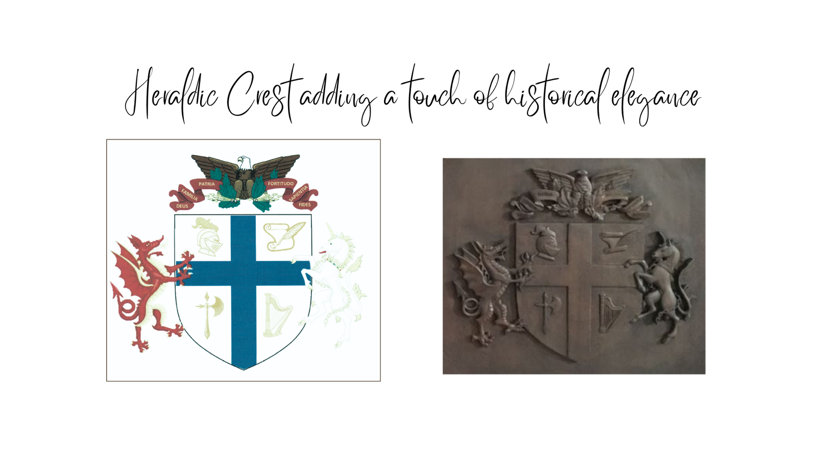 A side-by-side design comparison showing a colorful digital heraldic family crest featuring a red dragon, a white unicorn, and an eagle on a shield, next to its highly detailed, hand-carved solid wood replica carved onto a door panel.