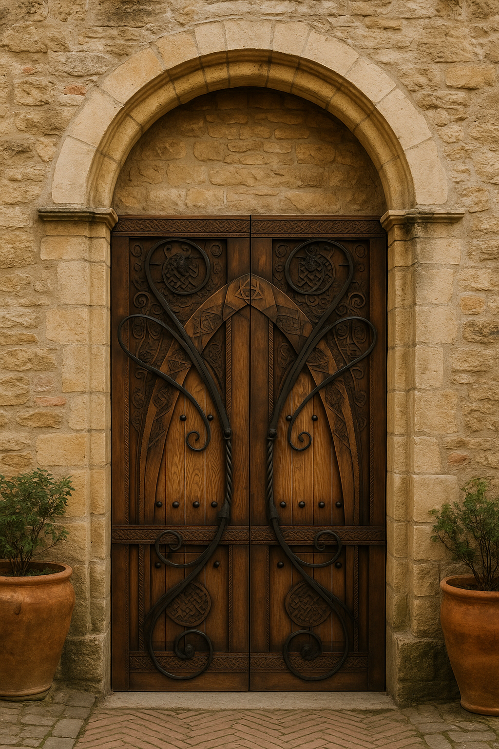 A custom Gothic-inspired solid wood double entry door handcrafted by Crown Custom Doors, featuring intricate hand-carved Celtic knots, relief carvings, and large flowing black wrought iron scroll overlays, set deeply within a massive rustic stone archway facade flanked by terra cotta planters.