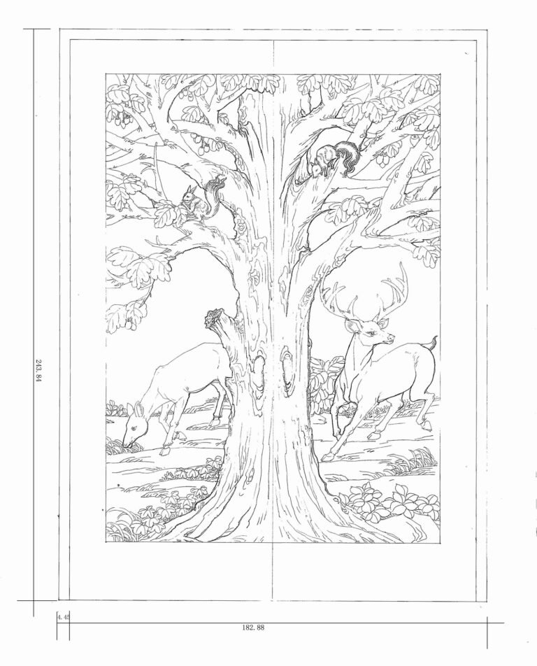 Detailed line art blueprint and architectural design drawing for a custom hand-carved solid wood double front door featuring an oak tree, deer, and squirrels wildlife motif.