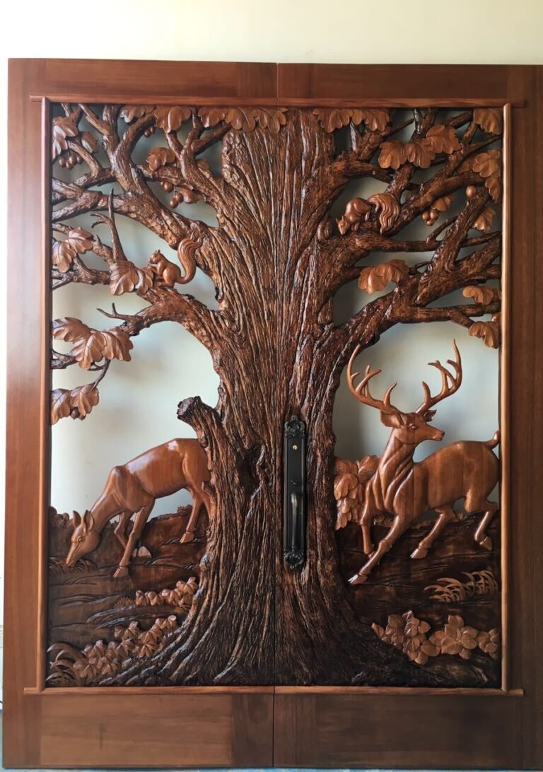 Custom hand-carved solid wood double front door featuring an intricate high-relief oak tree, deer, and squirrels wildlife carving with dark metal door hardware.