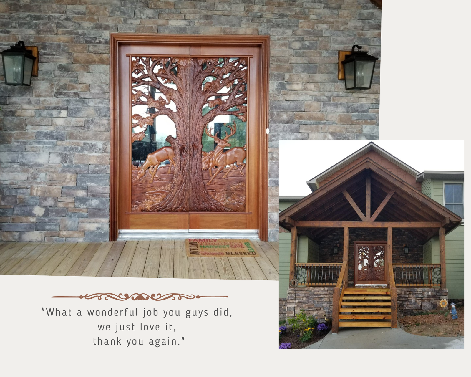 Custom hand-carved solid wood double front door with deer and oak tree motif, shown installed on a timber frame porch entry of a rustic craftsman cabin home with client testimonial.