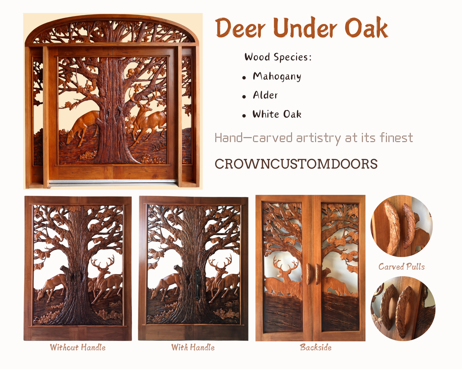 Custom hand-carved solid wood arched front door unit with transom and sidelights featuring a relief sculpture of deer under an oak tree, available in Mahogany, Alder, and White Oak for a luxury craftsman or mountain lodge home.