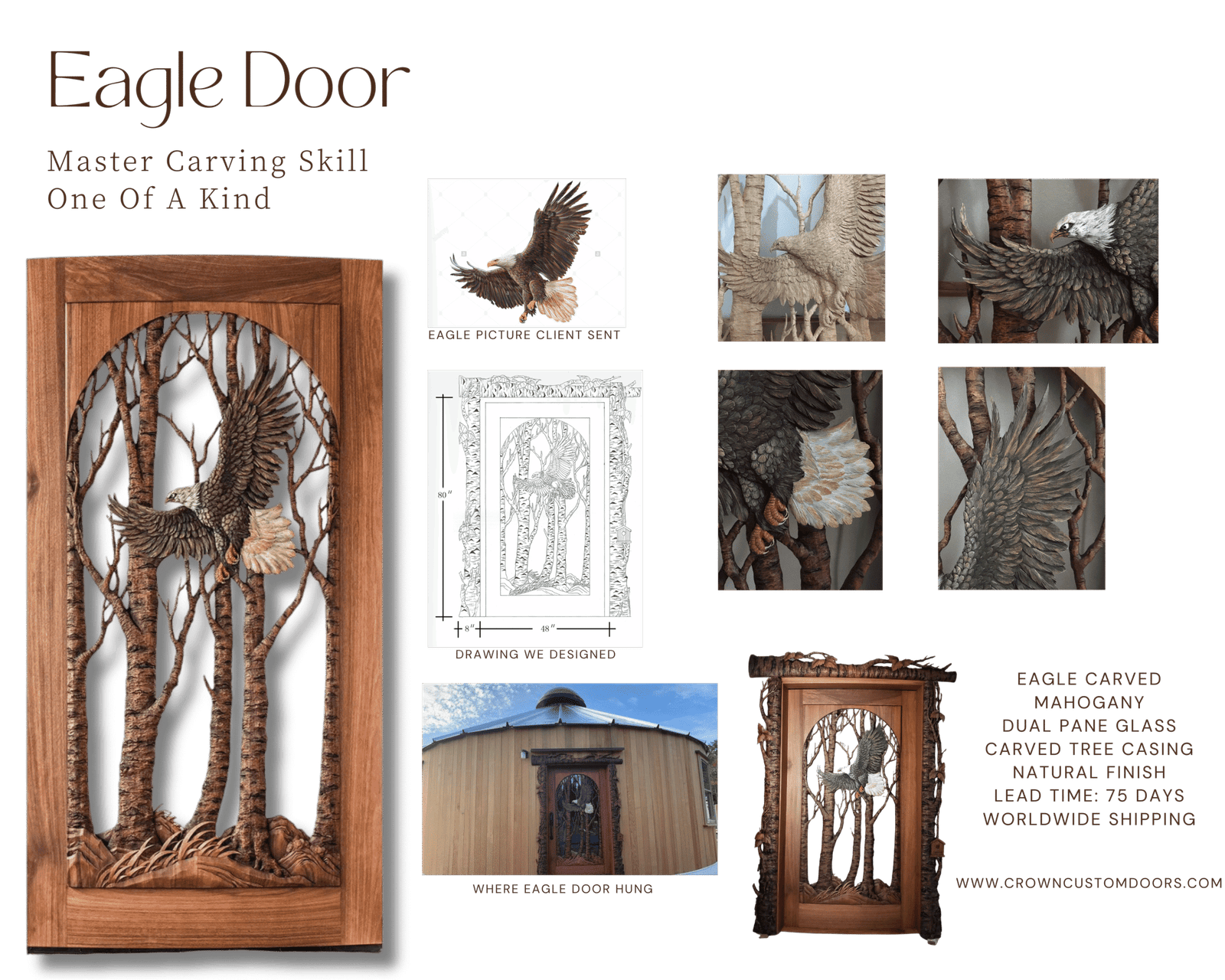 Custom hand-carved solid mahogany bald eagle front door with dual-pane glass and carved tree casing installed on a modern wooden yurt.