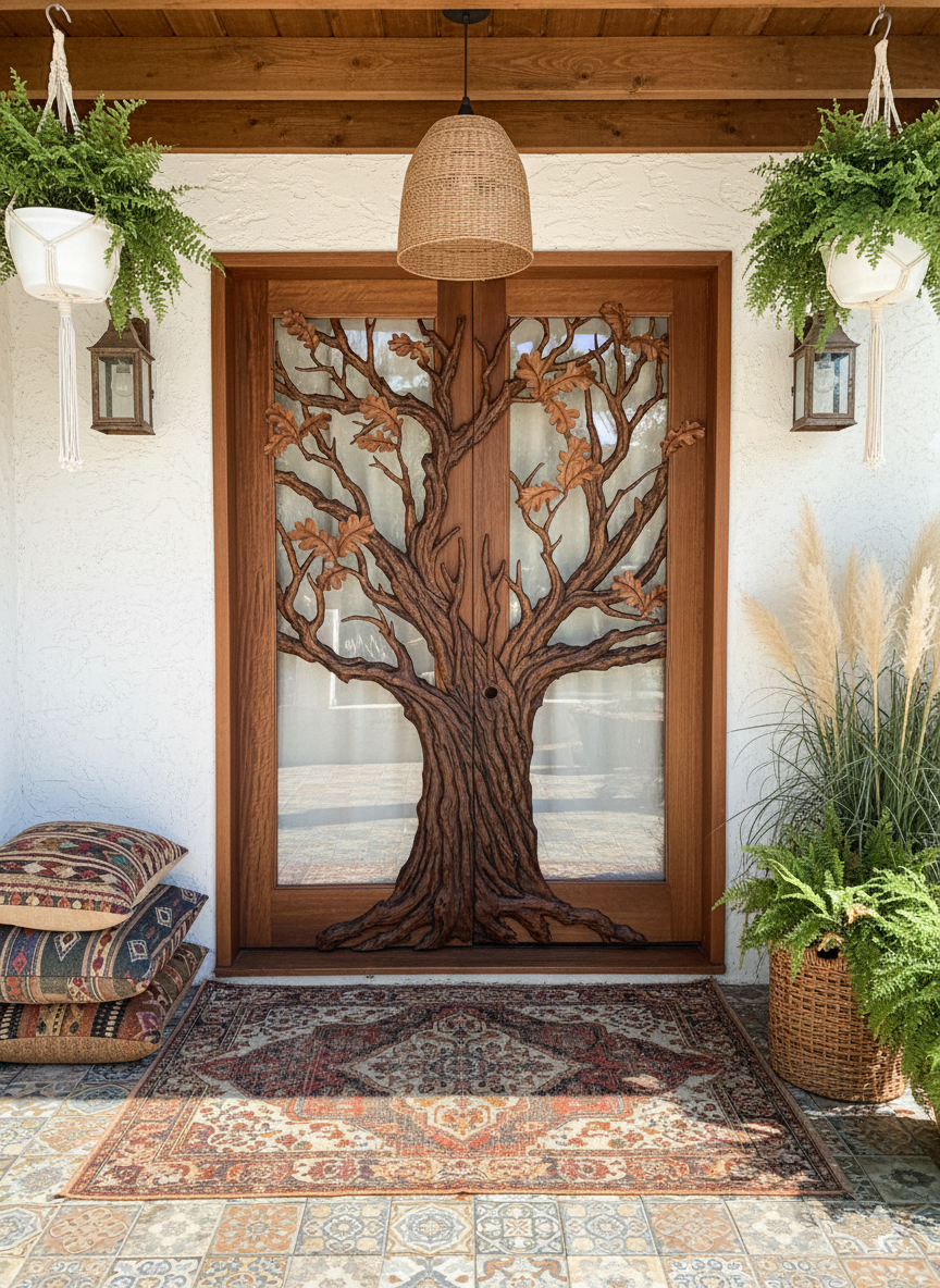 Custom hand-carved solid wood double front door featuring an intricate oak tree design with leaves set against frosted glass on a Bohemian home porch.