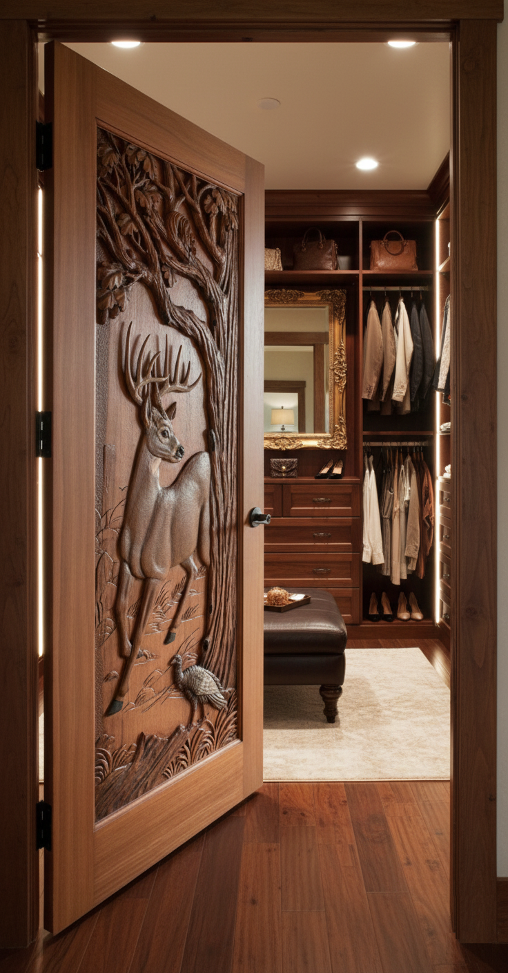Open custom solid wood single swing interior door with a hand-carved trophy buck deer, turkey, and oak tree relief leading into an elegant luxury walk-in closet.