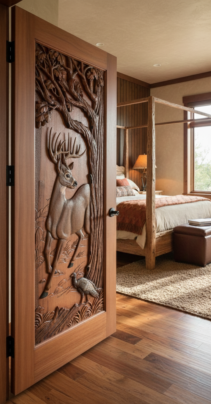 Open custom solid wood single swing interior door with a hand-carved trophy buck deer, turkey, and oak tree relief leading into a rustic primary main bedroom suite.
