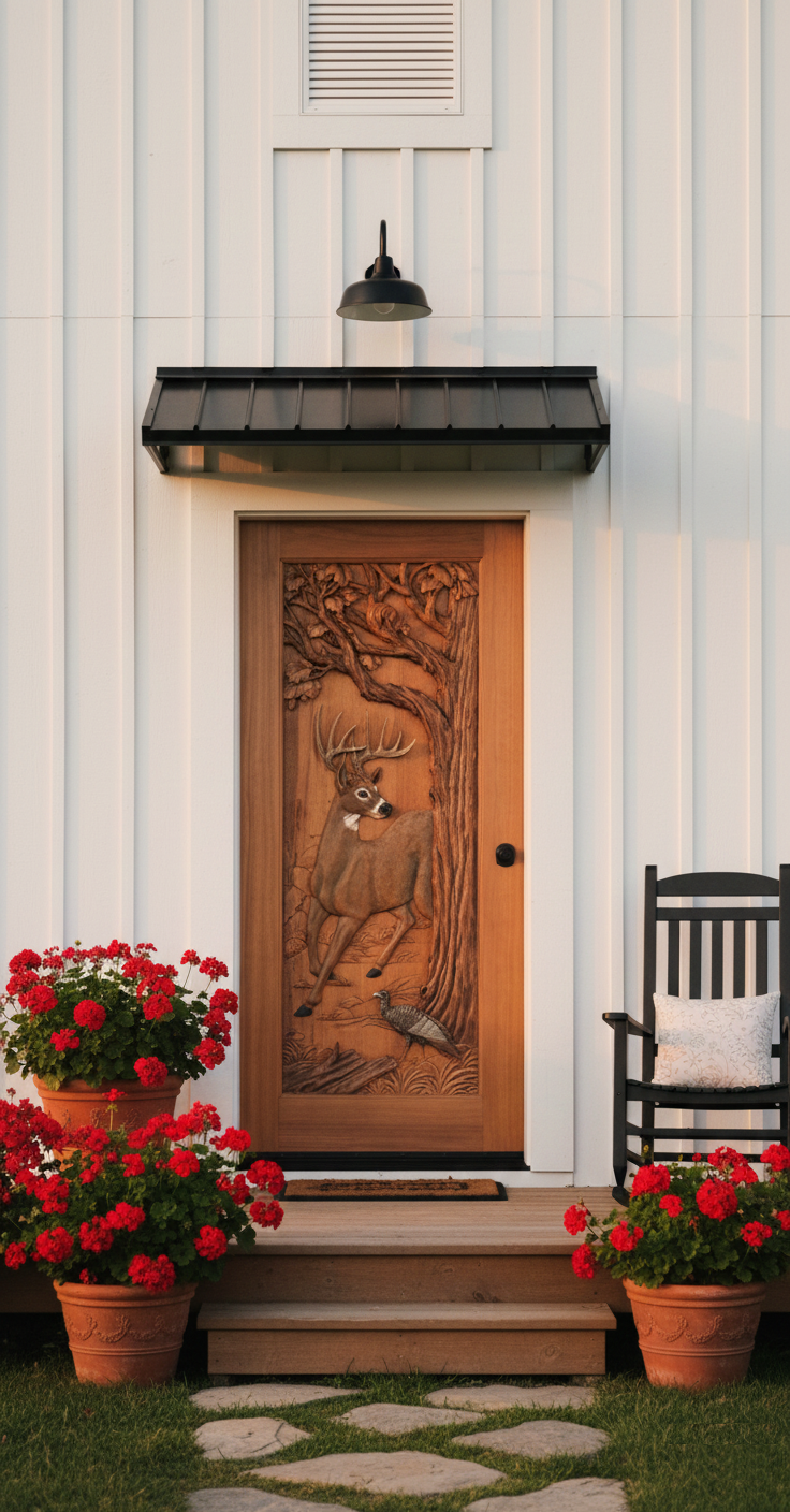 Installed custom solid wood single swing entry door with a hand-carved trophy buck deer, turkey, and oak tree relief on a white board and batten farmhouse with potted red flowers and a rocking chair.