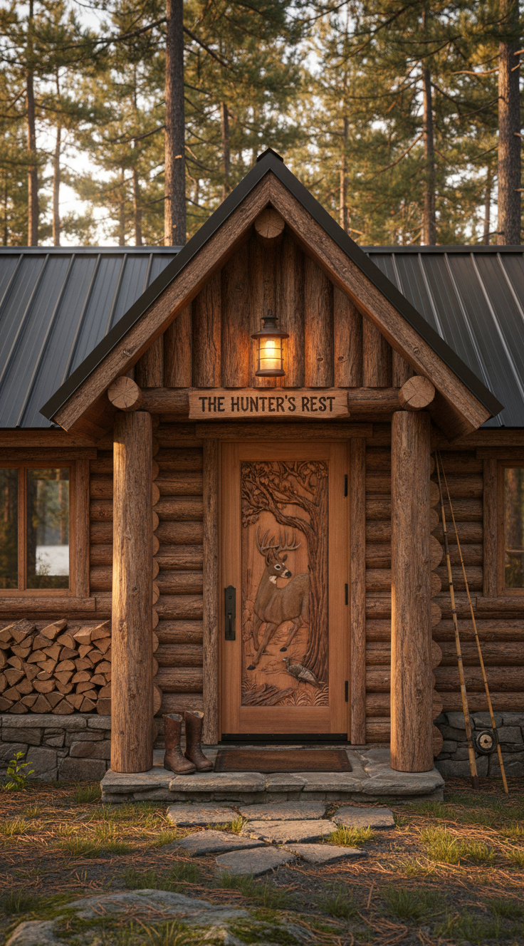 Installed custom solid wood single swing entry door with a hand-carved trophy buck deer, turkey, and oak tree relief on a rustic log cabin under a sign that reads The Hunter's Rest.