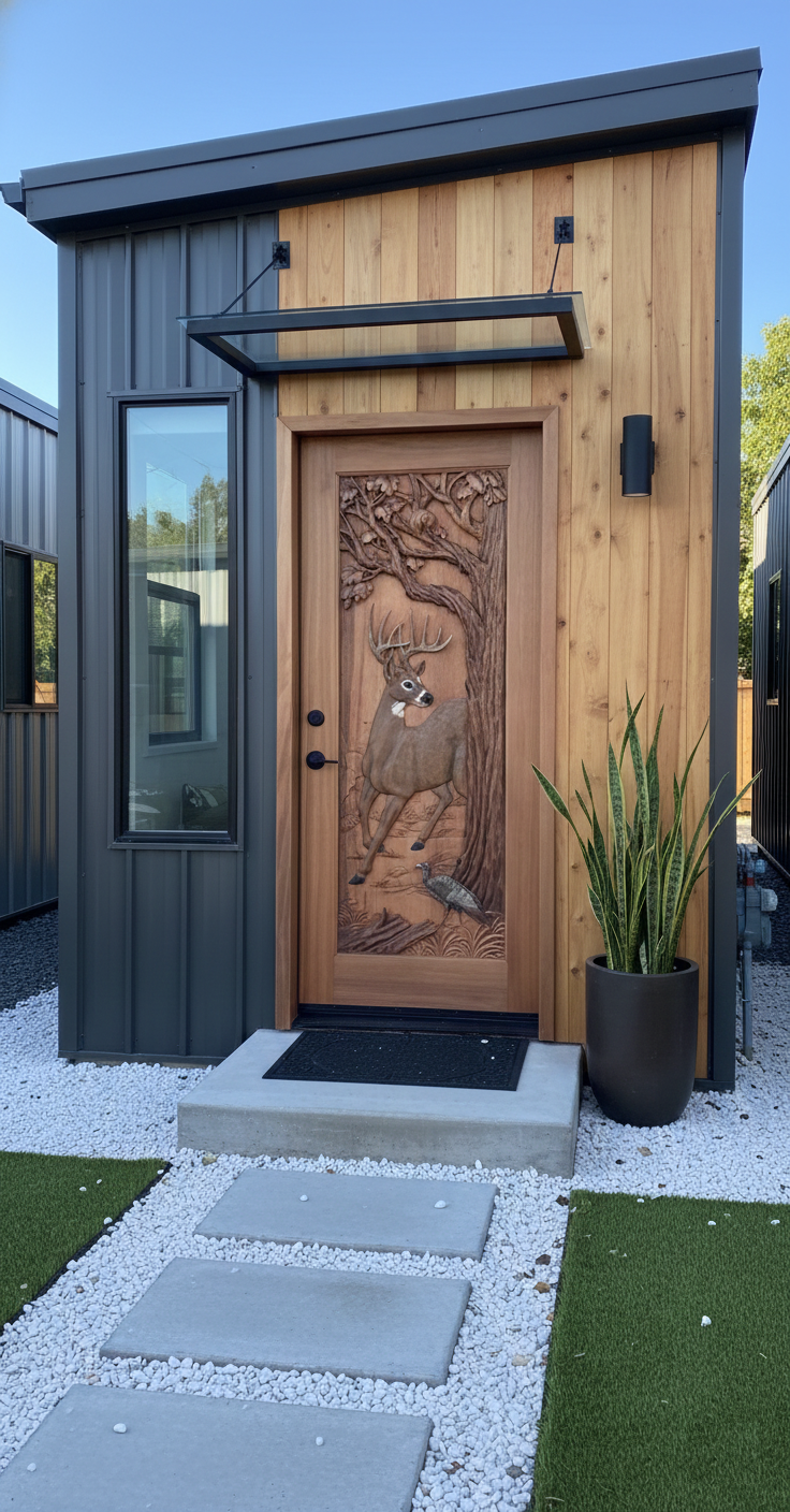 Installed custom solid wood single swing entry door with a hand-carved trophy buck deer, turkey, and oak tree relief on a modern tiny urban home with wood siding and dark metal accents.