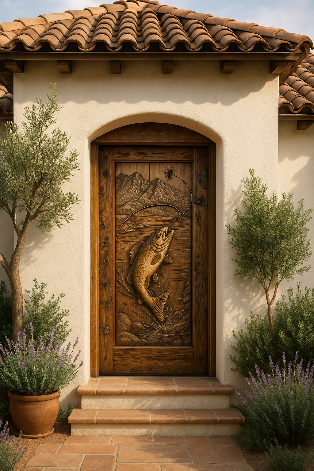 Custom hand-carved solid wood front door featuring a leaping trout and fly fishing lure design installed in a Mediterranean home entryway with clay tile roof and potted olive plants.