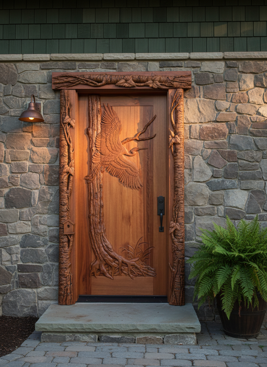 Custom hand-carved solid wood front door featuring a blue heron flying from a tree trunk, surrounded by sculpted branch casings and installed in a Craftsman stone home entryway.