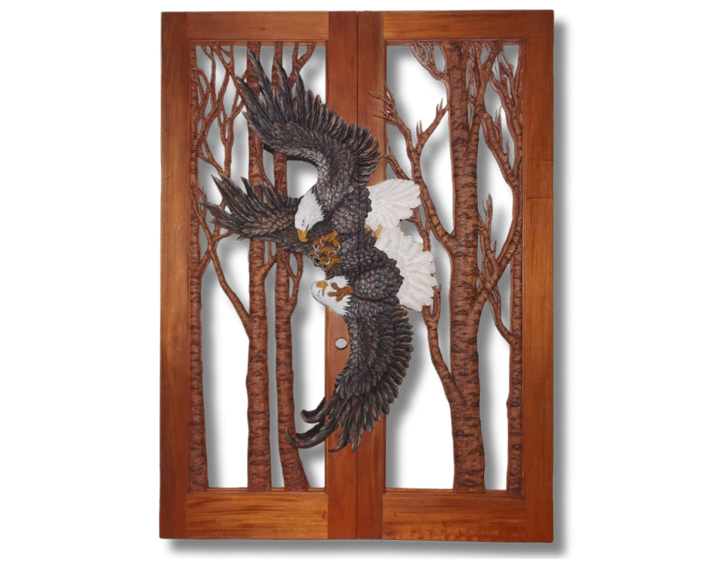 Full front view of a finished custom solid wood double entry door featuring two hand-carved mating bald eagles in mid-air display surrounded by organic tree branch lattice.