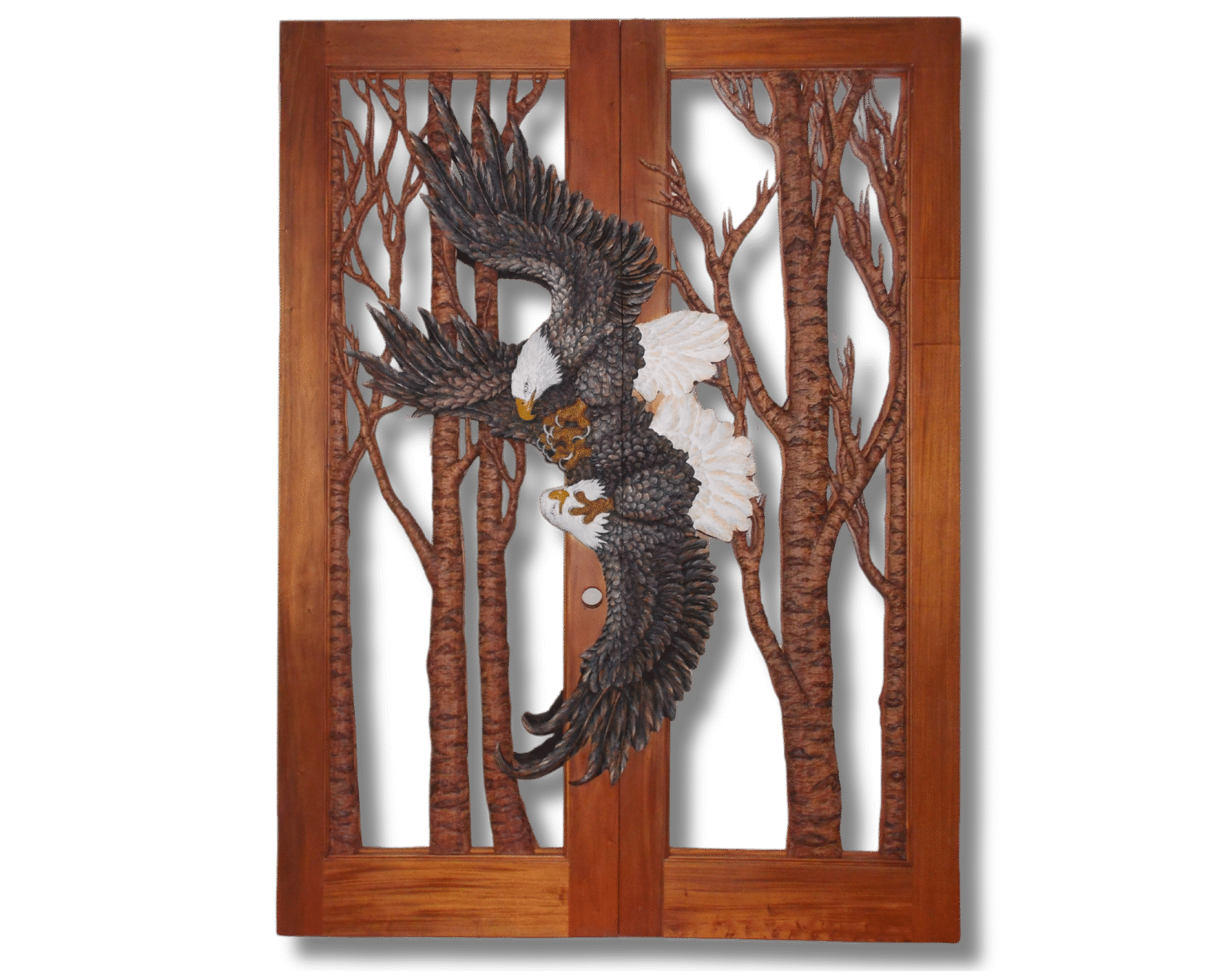 Full front view of a finished custom solid wood double entry door featuring two hand-carved mating bald eagles in mid-air display surrounded by organic tree branch lattice.