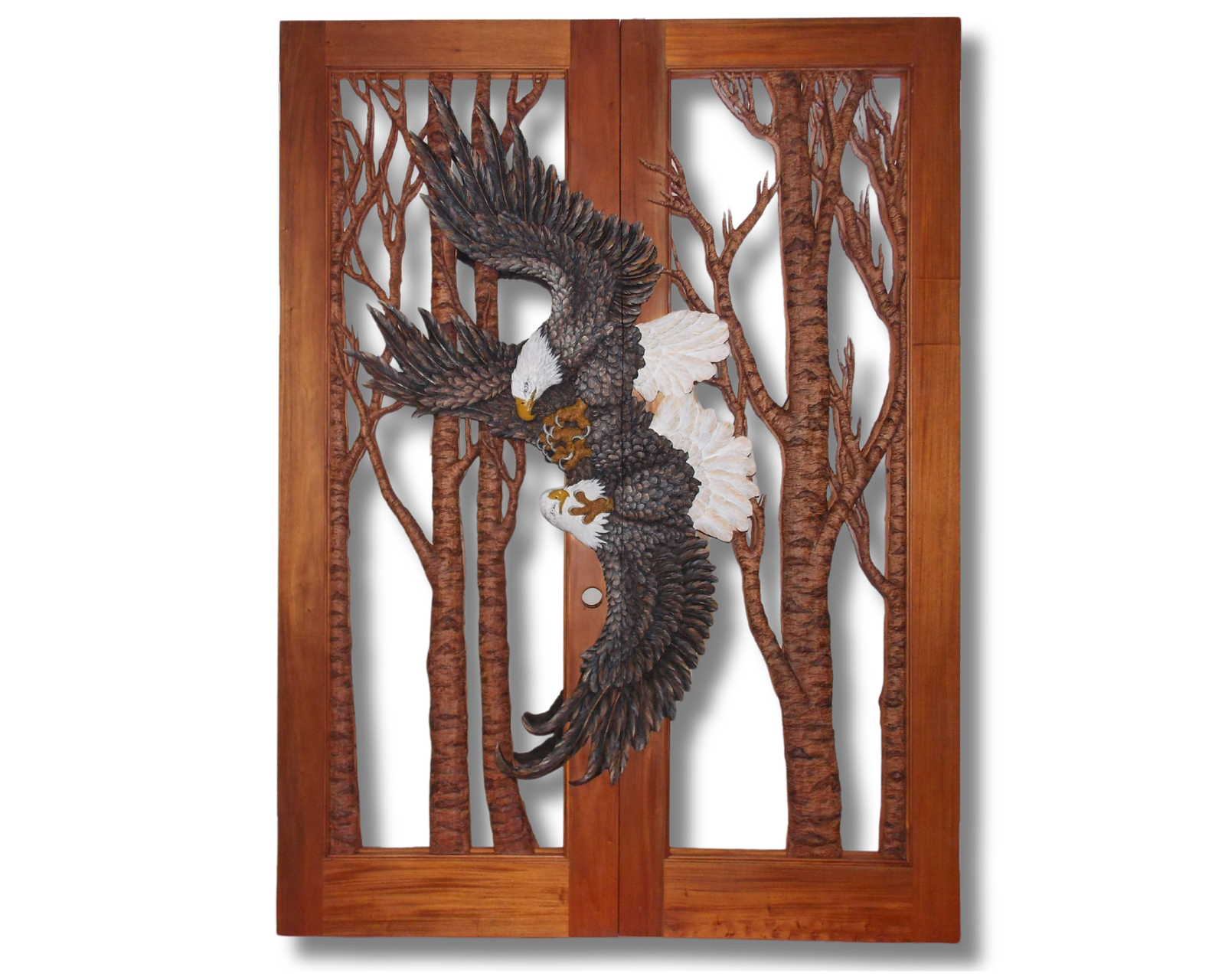 Full front view of a finished custom solid wood double entry door featuring two hand-carved mating bald eagles in mid-air display surrounded by organic tree branch lattice.