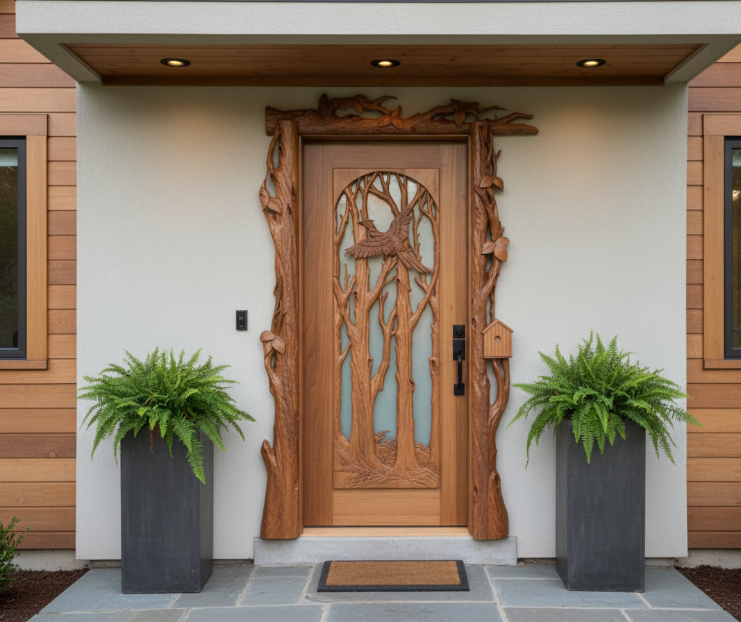 Installed custom solid wood entry door featuring a hand-carved pheasant flying through carved trees with a frosted glass background, surrounded by carved branch trim on a modern home.