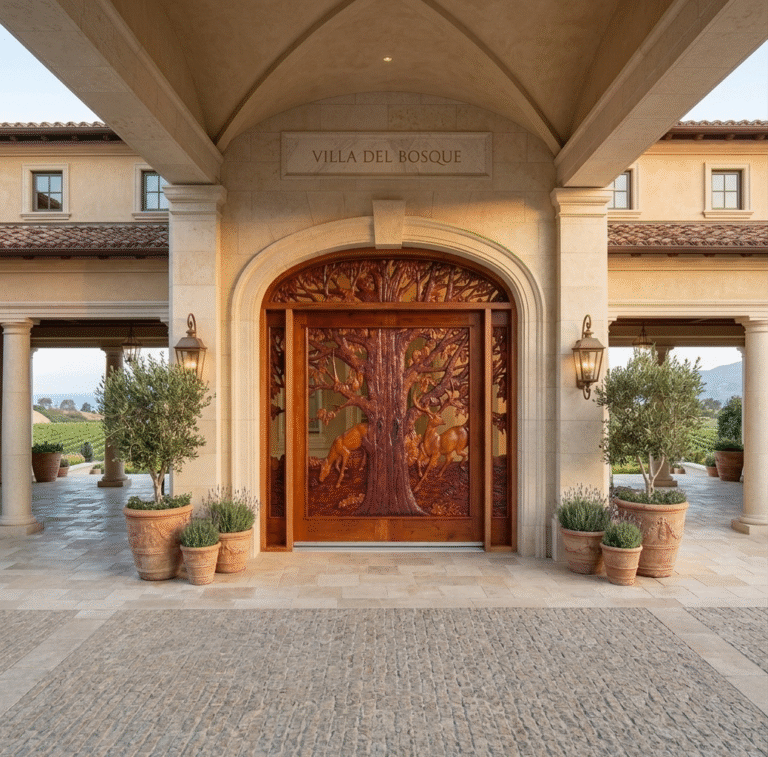 Custom hand-carved solid wood double front door featuring an arched tree and deer wildlife design, installed in a limestone grand entryway of a Mediterranean villa.