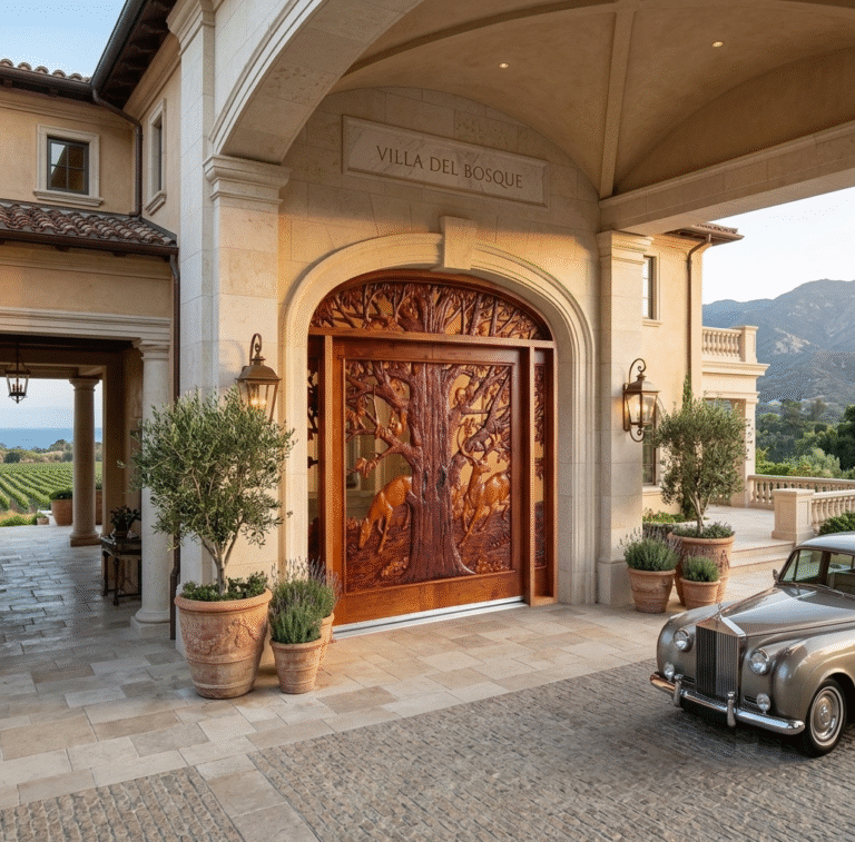 Custom hand-carved solid wood front door with a deer and tree motif set within an arched stone entryway of a Mediterranean villa with a vintage car parked outside.