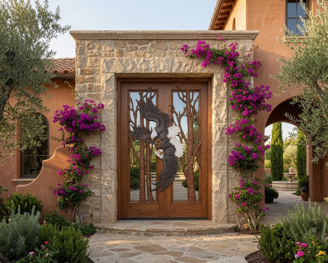Installed custom solid wood double entry door with hand-carved eagle in flight on a Mediterranean Tuscan home with stone entryway surround and purple bougainvillea.