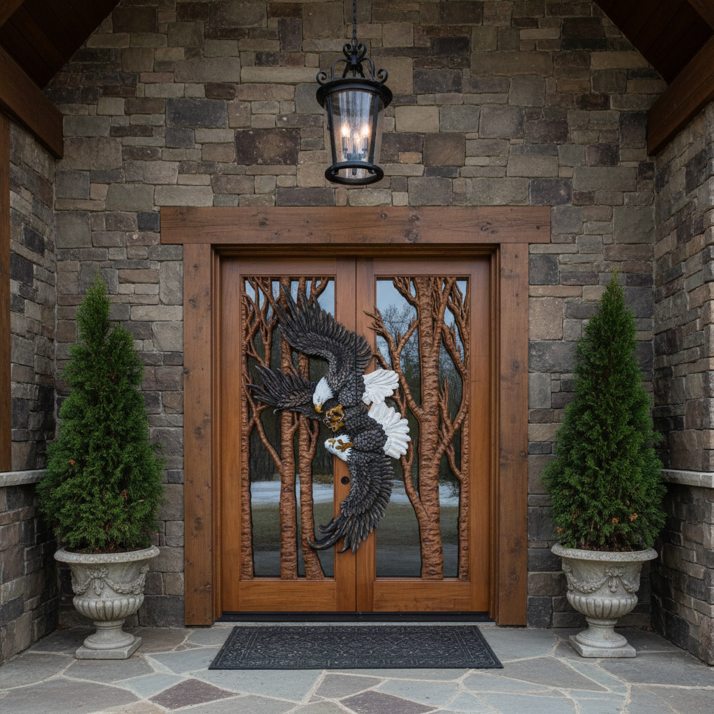 Installed custom solid wood double entry door featuring a hand-carved mating eagle motif set in a rustic stone veneer facade with timber header trim and potted arborvitae.