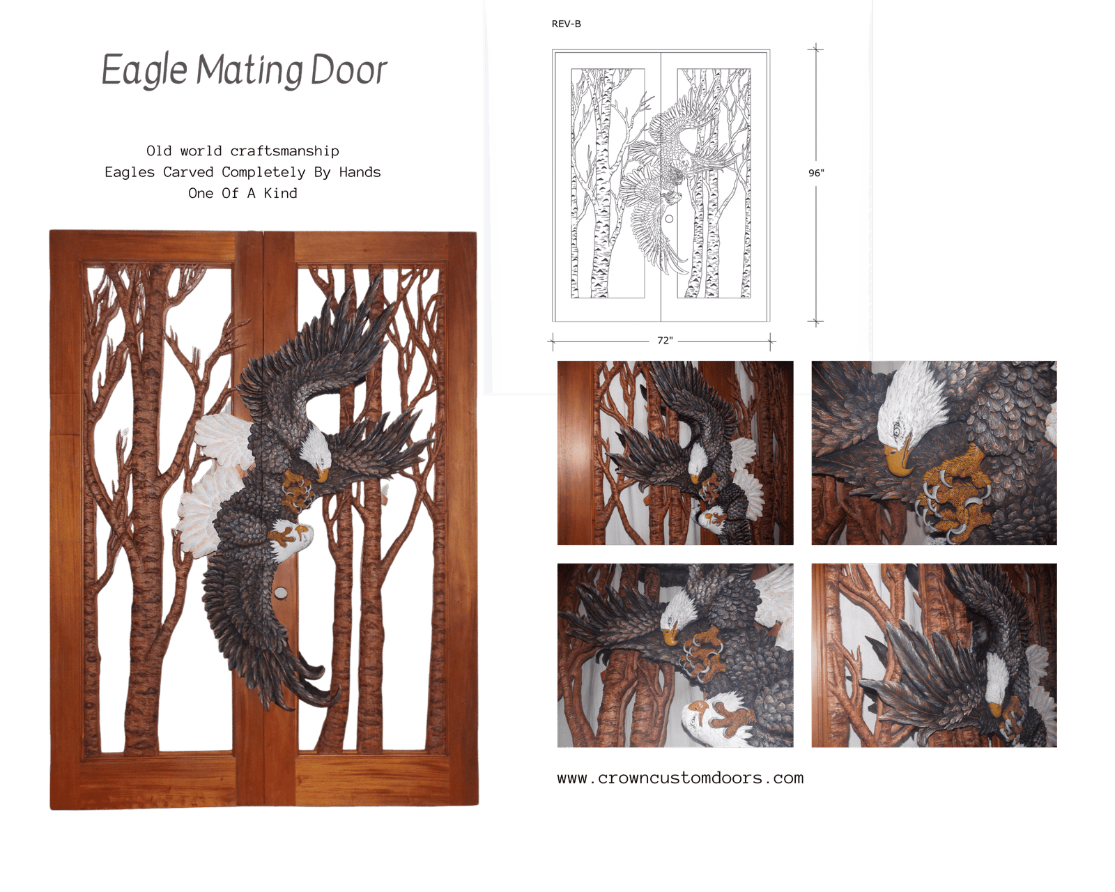 Product design portfolio collage showing CAD architectural line drawings, dimensions (72x96 inches), full double door unit, and close-up carving details of a hand-carved eagle door.