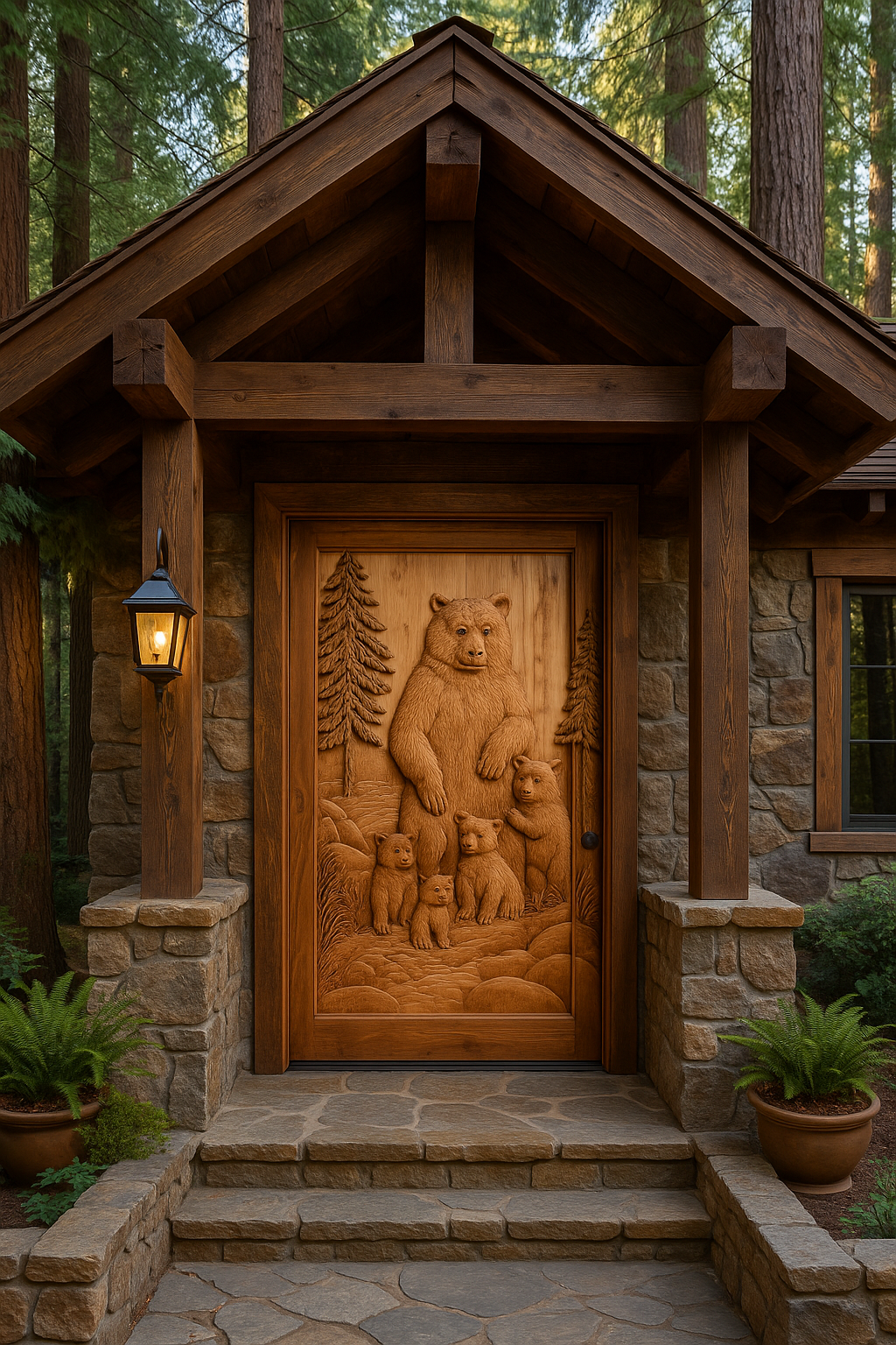 Installed custom solid wood single swing entry door featuring a hand-carved mother bear and four cubs relief design set in a stone and timber cabin entryway surrounded by pine trees.
