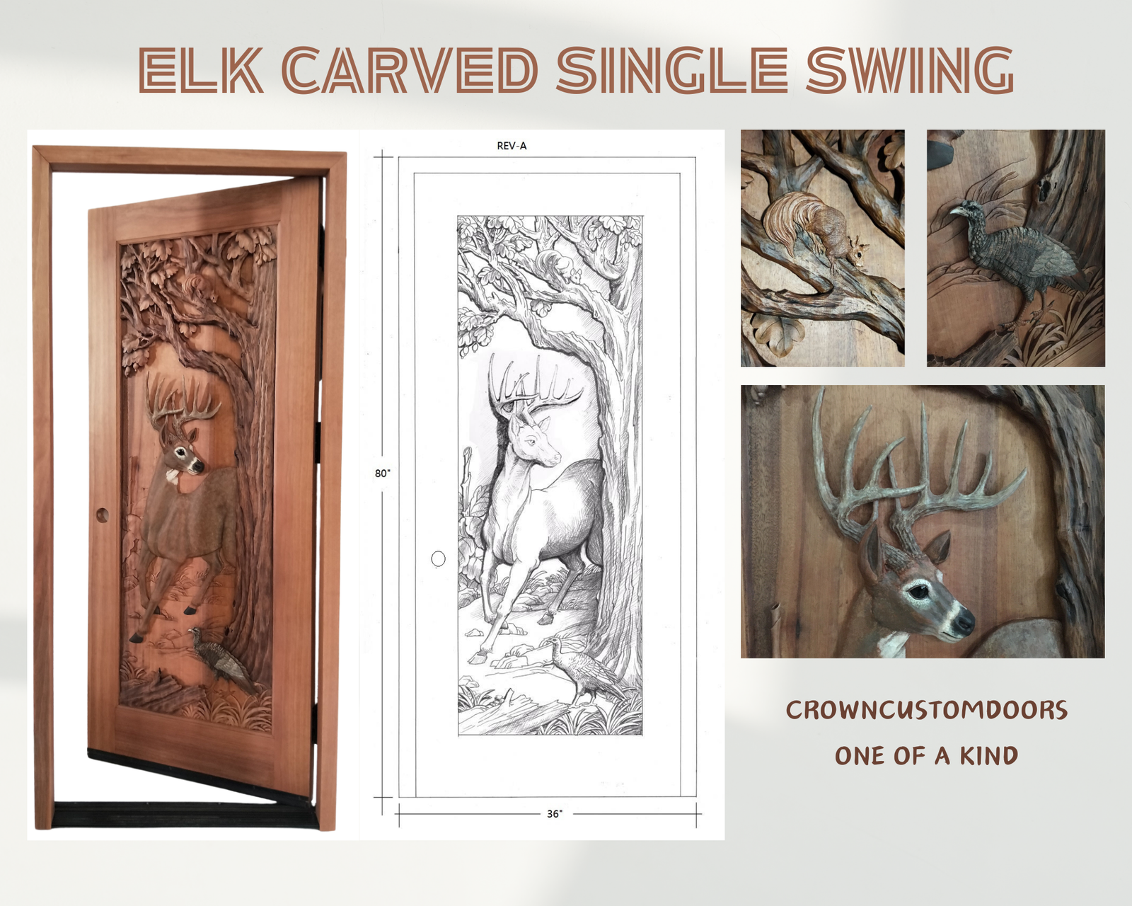 Product design collage displaying 36x80 inch CAD line drawings, an open single swing solid wood door, and close-up relief carvings of a trophy buck, turkey, and squirrel in an oak tree.