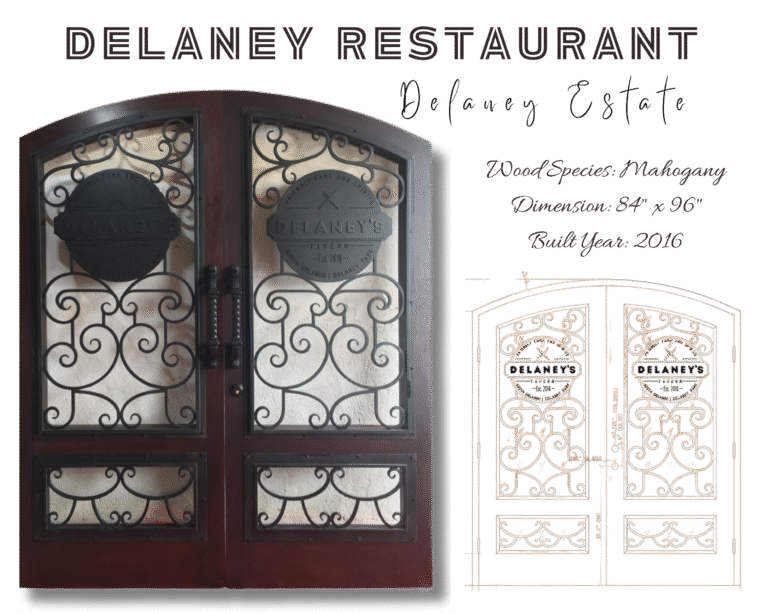A technical product specification graphic from Crown Custom Doors titled Delaney Restaurant, showing a finished arched solid mahogany double entry door system alongside its architectural CAD blueprint drawing, noting the dimensions as 84 inches by 96 inches and featuring custom iron scrollwork grilles with circular Delaney's Tavern logo badges.