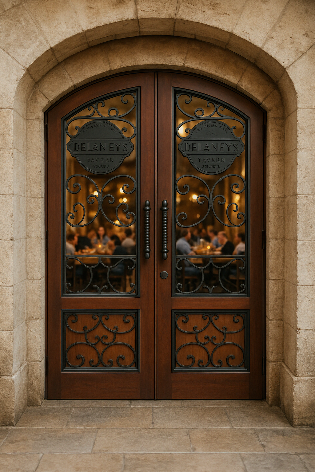 A premium commercial double entry door system custom-built from solid wood by Crown Custom Doors for Delaney's Tavern, featuring an arched top, a rich warm mahogany stain, large clear glass window panels with ornate black wrought iron scrollwork grilles integrated with custom "Delaney's Tavern" metal logo badges, and matching iron scrollwork across the lower wood panels, installed within a stone masonry archway.