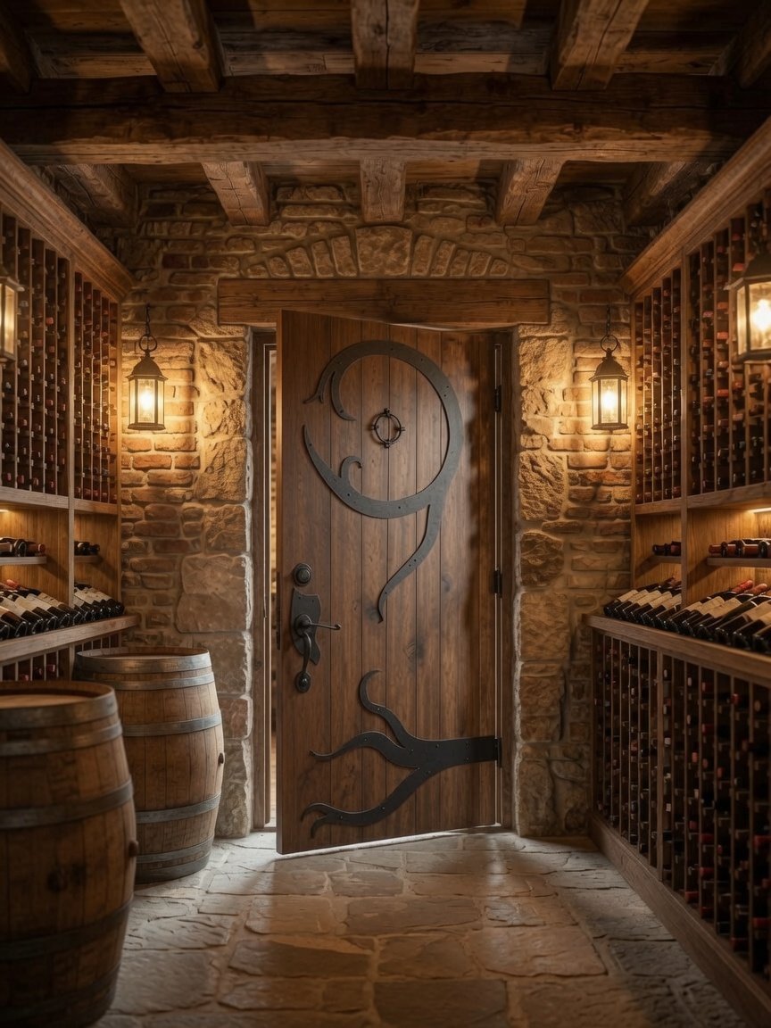 A slightly open rustic solid wood wine cellar door with decorative black iron strap hinges in a vine-like design, set in a stone archway flanked by wooden wine racks, barrels, and warm lantern lighting.