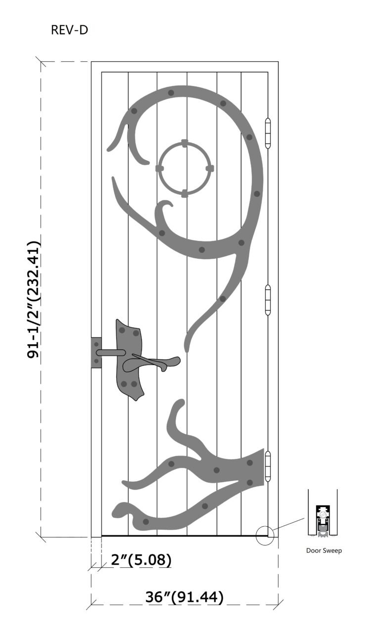 A custom door CAD drawing showing the technical blueprint and dimensions of a rustic vertical plank wood door measuring 36 inches wide by 91-1/2 inches tall and 2 inches thick, featuring decorative black iron vine strap hinges, a rustic latch, and an automatic door sweep detail.