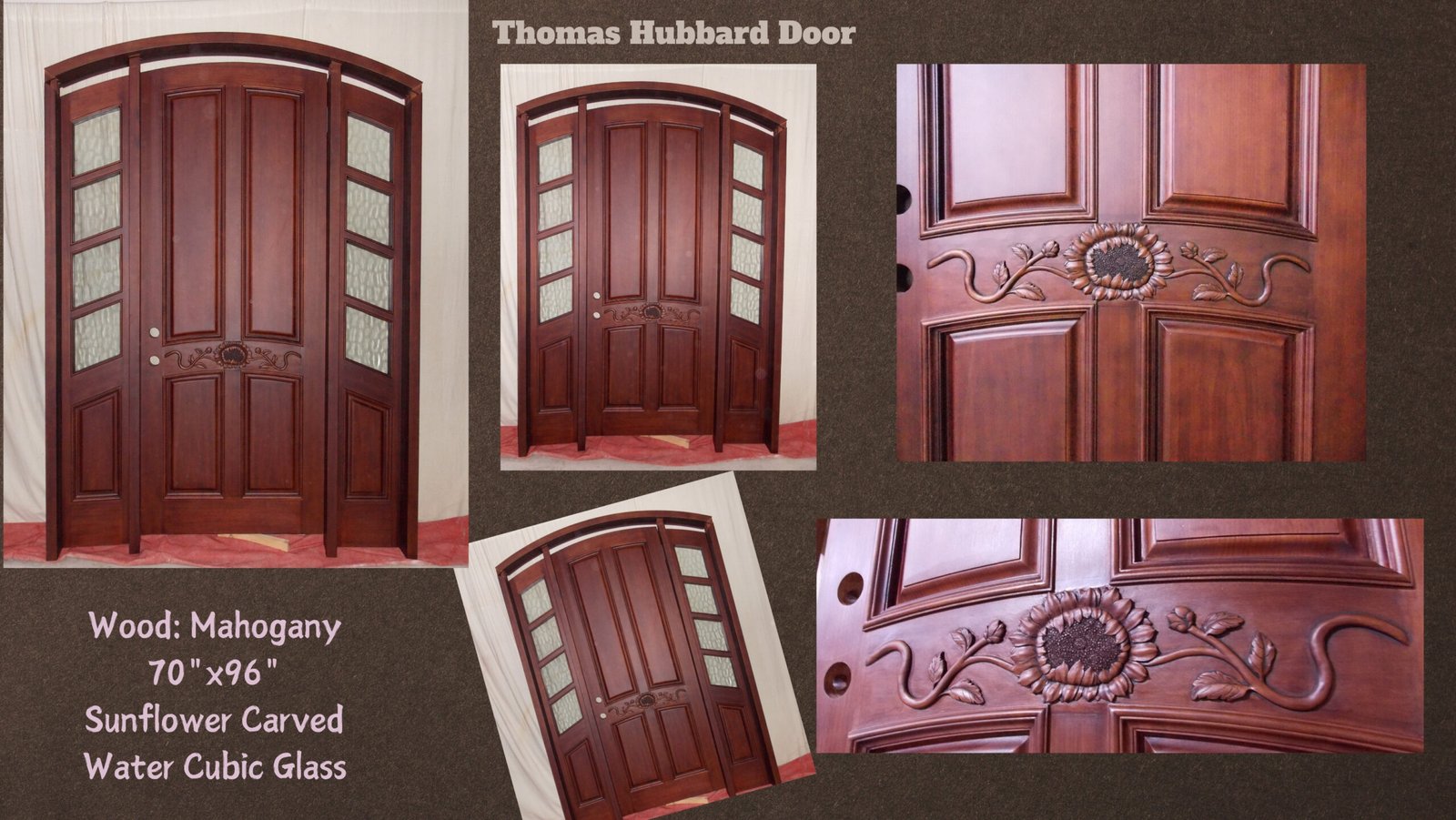 Design collage of a custom 70 by 96 inch solid mahogany front door featuring a detailed hand-carved sunflower center rail, water cubic glass sidelights, and a matching arched trim package.