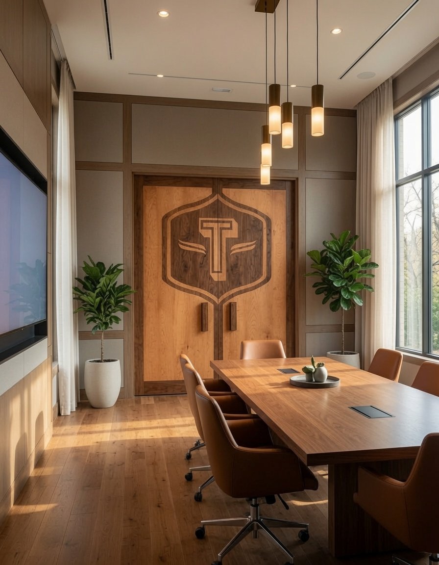 Double custom wood doors made of walnut, featuring an ornate central shield and T-logo geometric inlay, set in a modern boardroom with a large matching conference table.