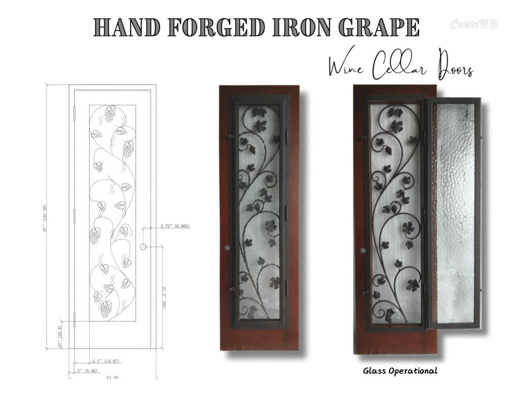 A product design graphic from Crown Custom Doors titled Hand Forged Iron Grape Door, displaying a technical CAD blueprint layout alongside a solid wood door panel featuring a hand-forged wrought iron grapevine insert with textured privacy glass, shown both closed and with the operable glass panel swung open.