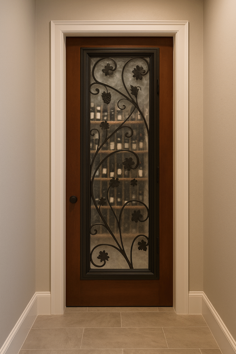 A custom single solid wood wine room door by Crown Custom Doors, beautifully installed within a home hallway with white trim, featuring a medium-brown stain and an integrated large glass window pane protected by a hand-forged black wrought iron grapevine scroll grille showing wine bottles through the glass.