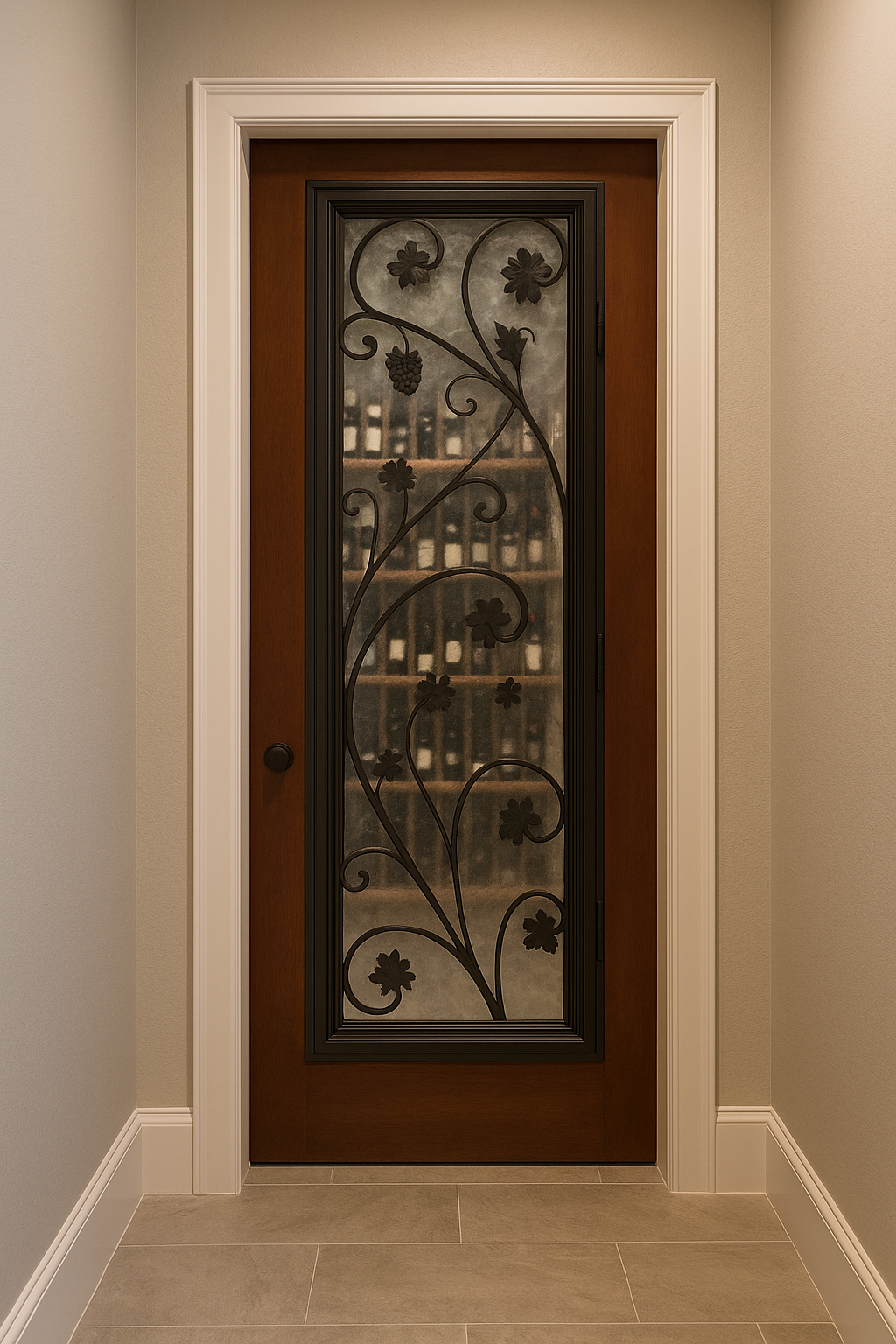 A custom single solid wood wine room door by Crown Custom Doors, beautifully installed within a home hallway with white trim, featuring a medium-brown stain and an integrated large glass window pane protected by a hand-forged black wrought iron grapevine scroll grille showing wine bottles through the glass.