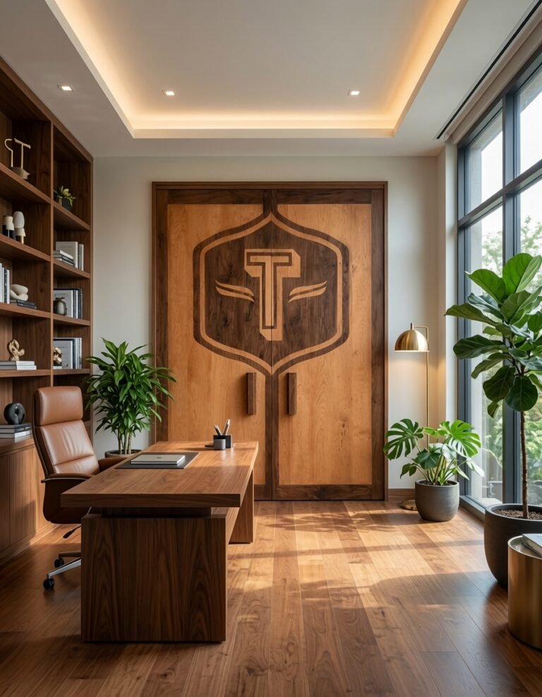 CROWNCUSTOMDOORS presents a set of premium walnut wood double doors featuring an ornate central shield inlay and geometric T-logo, installed in a high-end home office alongside a large desk and built-in bookshelves.
