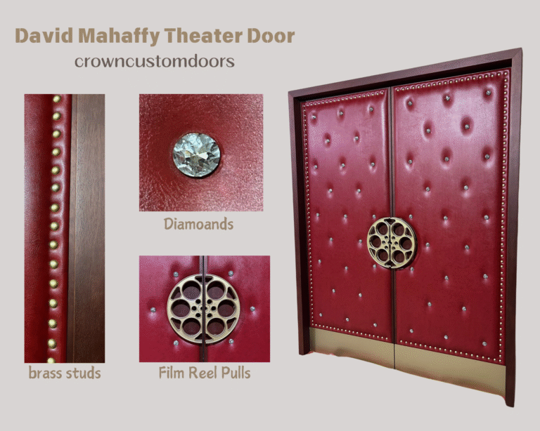 An architectural product detail graphic from Crown Custom Doors showcasing the "David Mahaffy Theater Door" custom red acoustic double door system, featuring close-up highlight panels of the brass studs trim, embedded diamond crystal upholstery accents, and the custom gold film reel handle pulls.