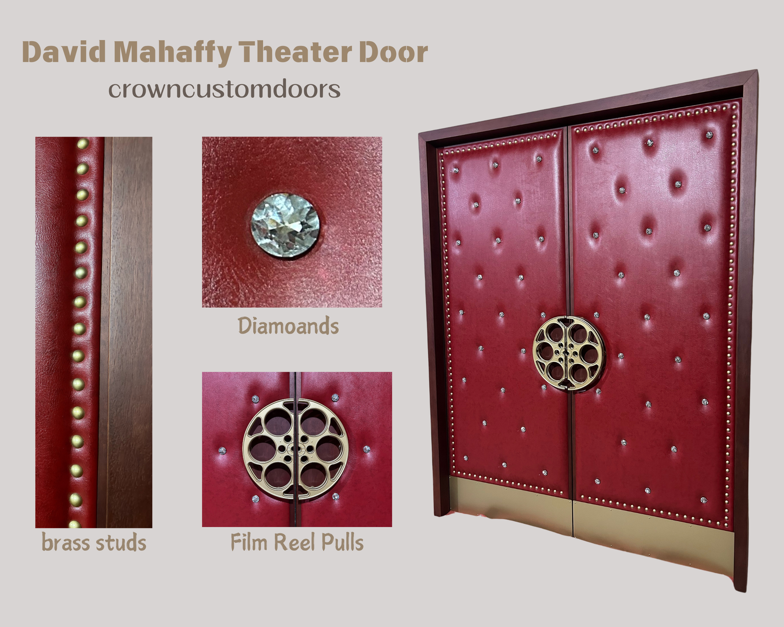 An architectural product detail graphic from Crown Custom Doors showcasing the "David Mahaffy Theater Door" custom red acoustic double door system, featuring close-up highlight panels of the brass studs trim, embedded diamond crystal upholstery accents, and the custom gold film reel handle pulls.