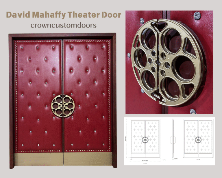 A custom home cinema double door project showcase by Crown Custom Doors titled "David Mahaffy Theater Door," featuring the complete red upholstered acoustic vinyl door assembly with a wood frame and brass kickplates, a close-up of a gold film reel door handle, and an architectural blueprint schematic layout.
